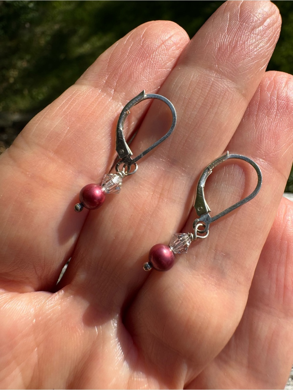 Raspberry Genuine Pearl Sterling Silver Leverback Earrings with Crystal Accent